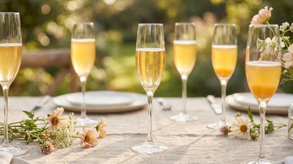Pahare de Bellini cocktail ardelenesc cu sirop de caise concentrat, prosecco și piure de caise proaspete pe masă elegantă