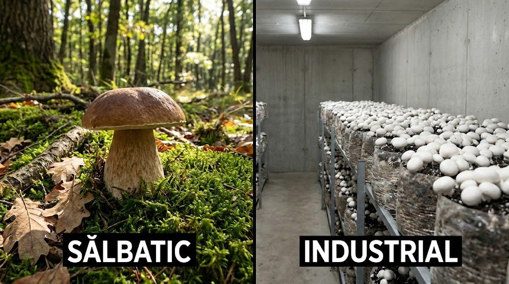 Comparație vizuală: hribi sălbatici crescând în pădure la soare vs ciuperci champignon crescute industrial pe saci în întuneric