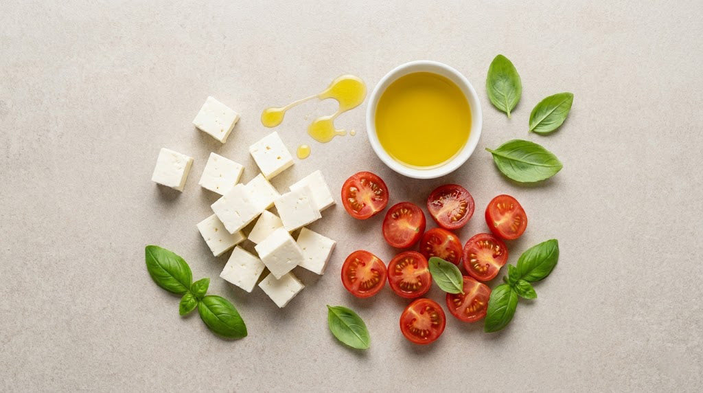 Platou cu telemea de oaie HORA 46% grăsime (sursă de CLA), roșii, ulei de măsline și busuioc — superaliment în dieta mediteraneană și keto