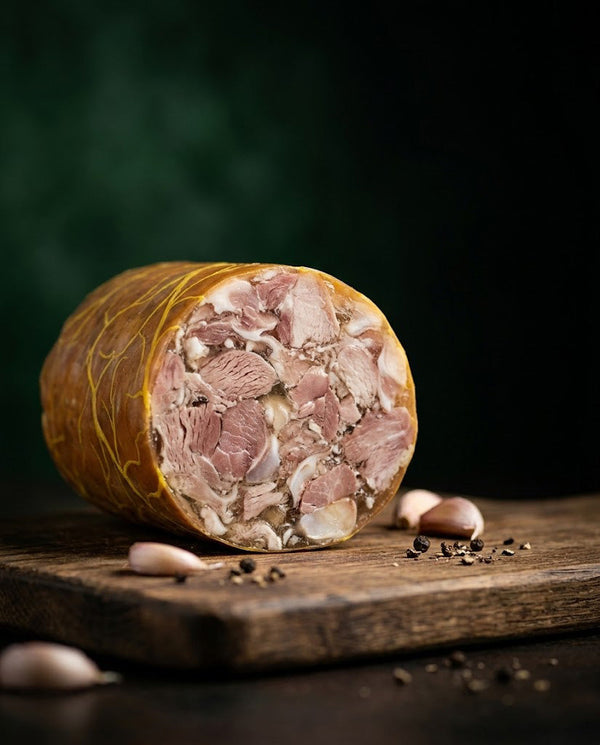 Tobă de porc afumată secționată pe un tocător rustic de lemn