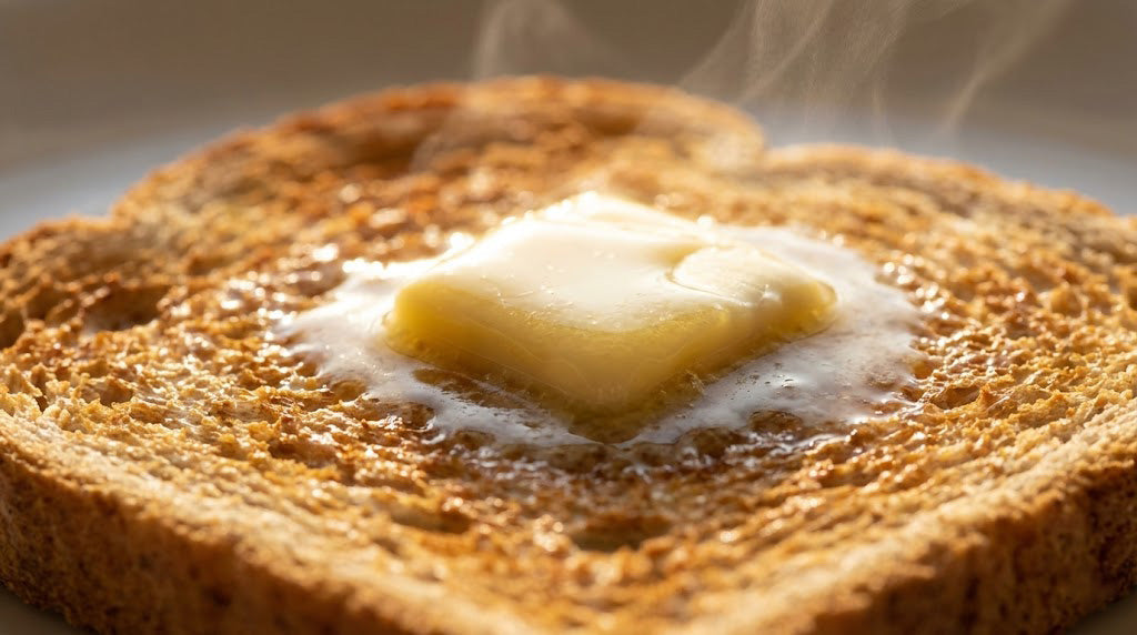 Felie de pâine prăjită cu unt topit auriu în lumina dimineții