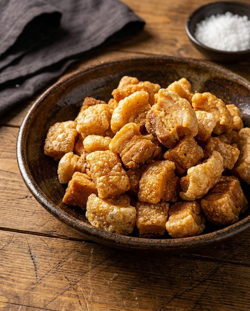 Jumări de porc aurii obținute din slănină fără șoric, preparate la cazan