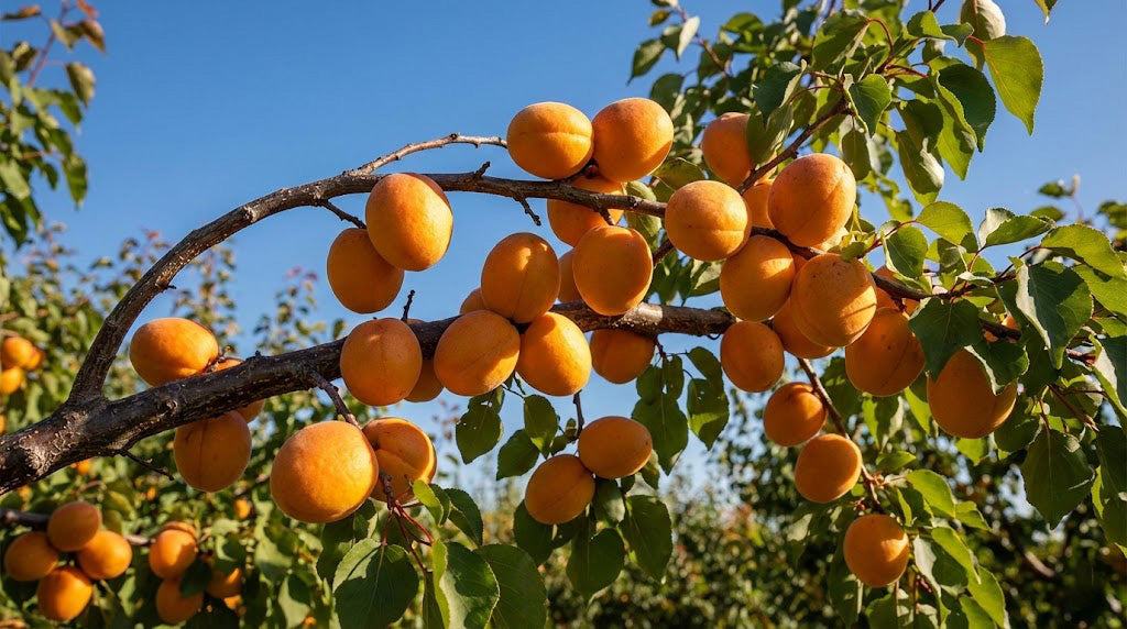 Crengi de cais pline de fructe galbene coapte în soare — originea siropului HORA „aurul lichid”, concentrat fără coloranți