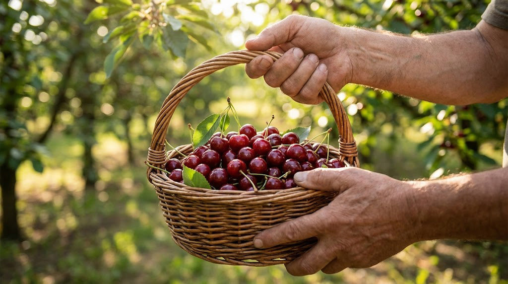 Mâini care culeg vișine proaspete într-un coș de nuiele, origine naturală