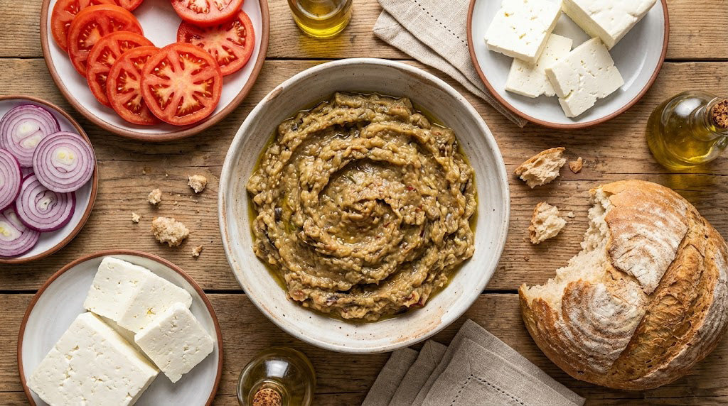 Masă tradițională românească cu bol de salată de vinete, roșii proaspete și telemea