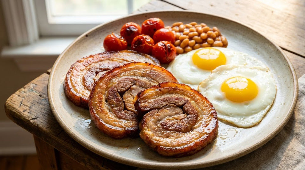 Mic dejun keto cu felii de ruladă de piept de porc HORA prăjite crocant (crispy) și ouă ochiuri — zero carbohidrați