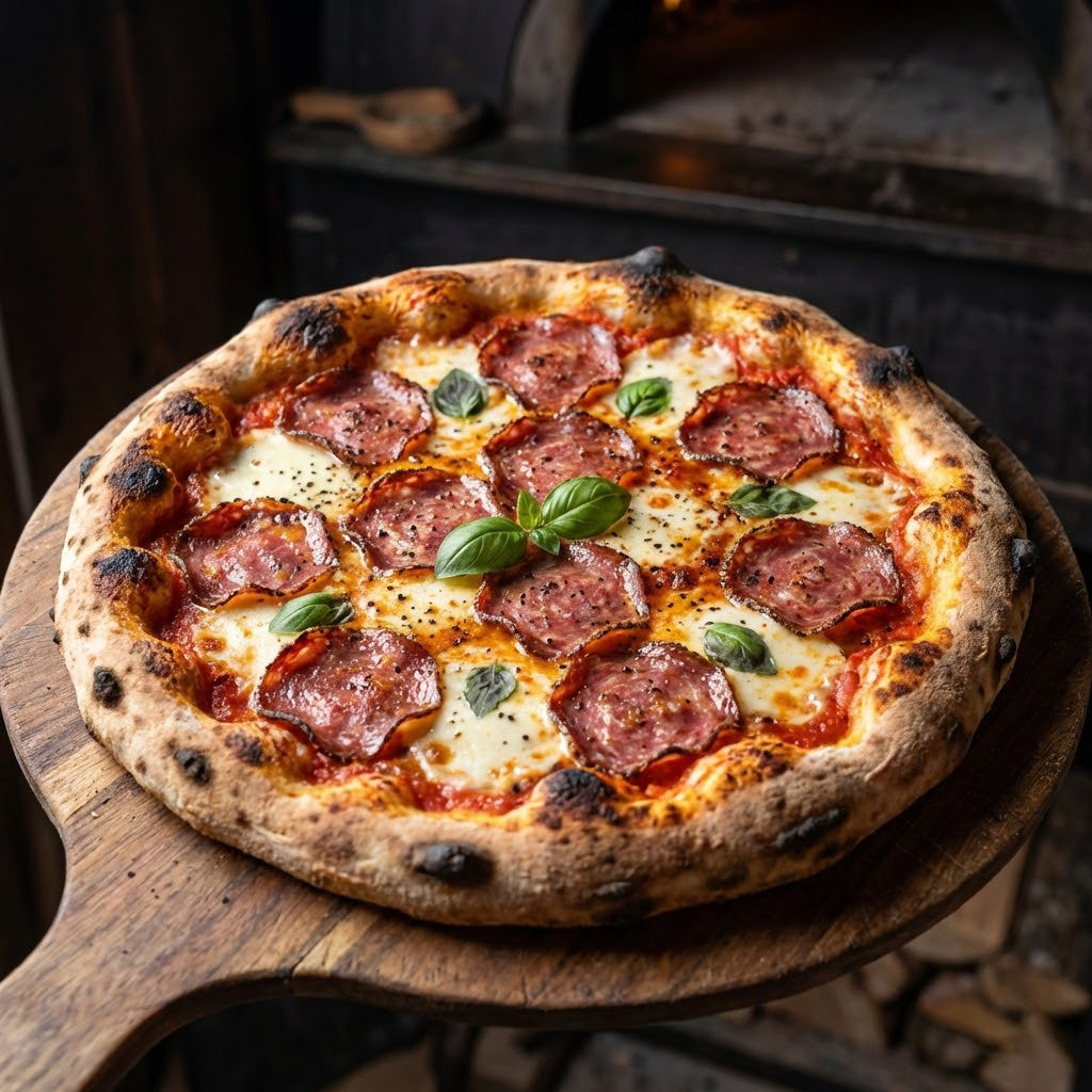 Pizza de casă picantă cu felii subțiri de salam dublu afumat cu piper