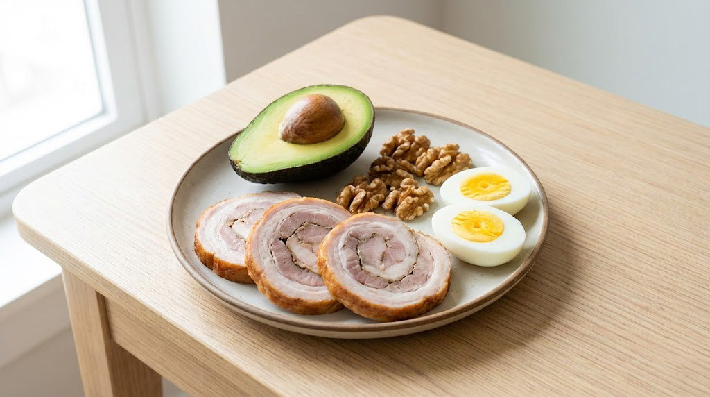 Platou keto cu felii de ruladă de porc afumată, legume verzi, ouă fierte și ulei de măsline — sursă curată de grăsime