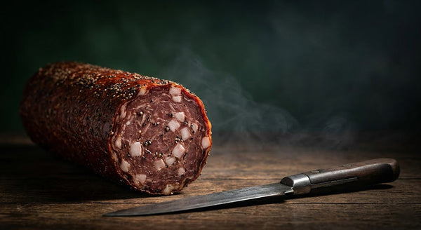 Baton masiv de salam de porc cu piper de 1.3 kilograme la maturare în afumătoare tradițională, dublu afumat la rece