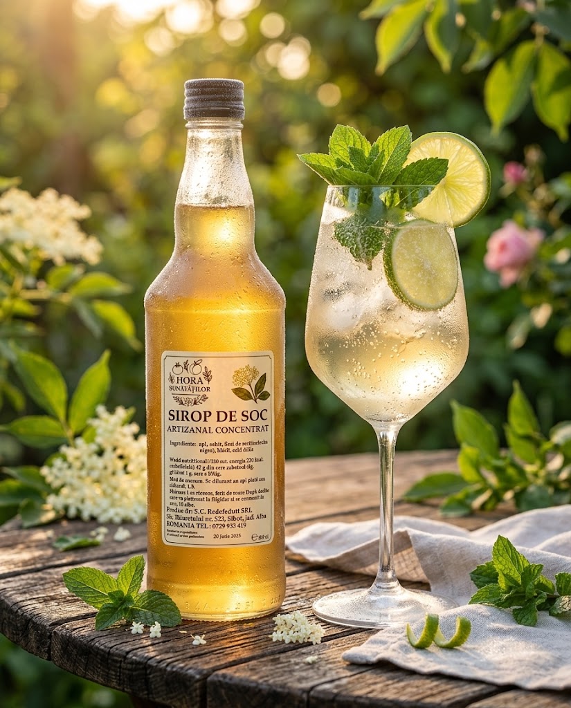 Pahare de Hugo Spritz cu sirop de soc concentrat, prosecco, mentă proaspătă, felii de lime și multă gheață