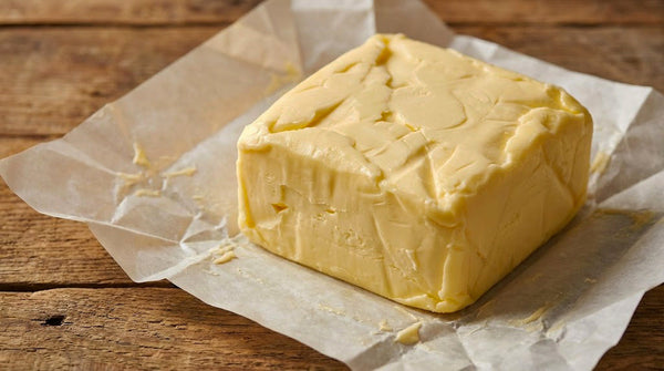 Bloc mare de unt de casă galben desfăcut din hârtie, aspect artizanal