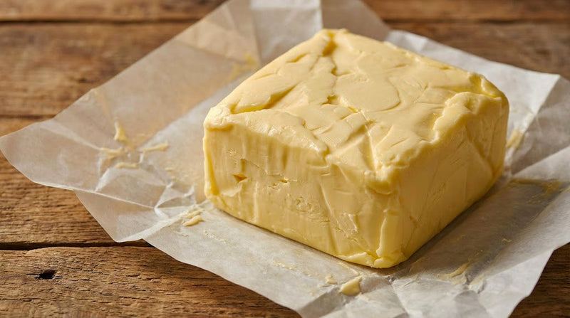 Bloc mare de unt de casă galben desfăcut din hârtie, aspect artizanal