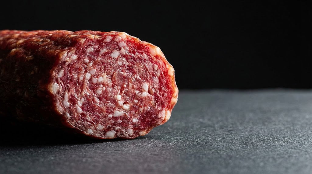 Felie de salam crud-uscat dens HORA (maturare 4-6 săptămâni) vs. salam fiert apos industrial — diferența de concentrație