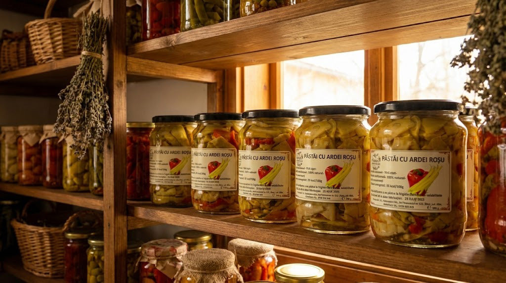 Borcane HORA cu păstăi de ardei roșu natur fără oțet pe raftul cămării — conservare tradițională cu doar 35 kcal/100g