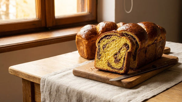 Cozonaci rumeni și înalți pe o masă festivă, făcuți cu unt de casă