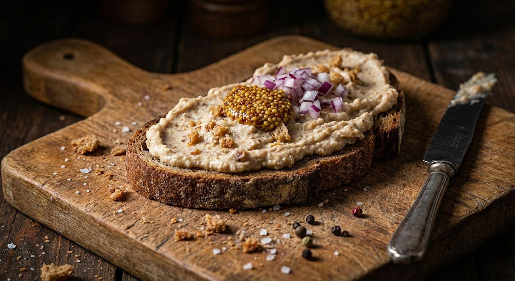 Cremă tartinabilă de jumări cu muștar servită pe o felie de pâine țărănească