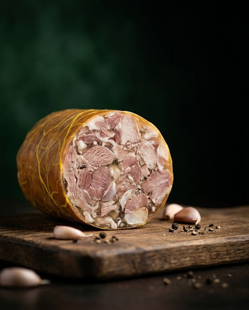 Tobă de porc afumată secționată pe un tocător rustic de lemn