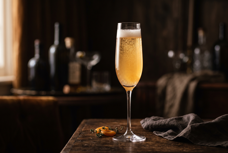 Cupă de șampanie cu cocktail bellini din sirop de caise, cu bule fine ridicându-se