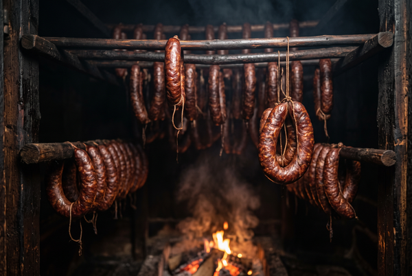 Cârnați de porc răsuciți, atârnați pe bețe de lemn în afumătoare, cu culoare mahon închis