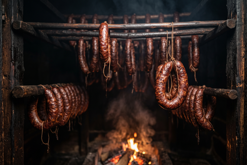 Cârnați de porc răsuciți, atârnați pe bețe de lemn în afumătoare, cu culoare mahon închis