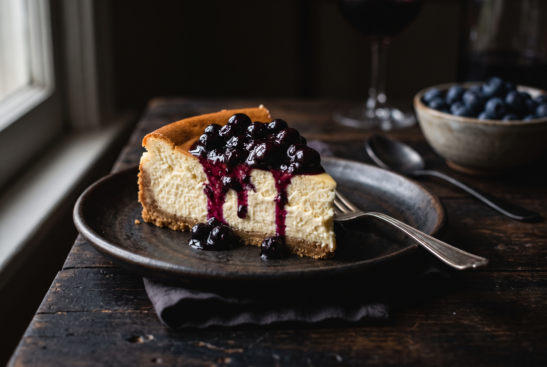 Felie de cheesecake cremos cu topping lucios de dulceață de afine care se prelinge pe margine