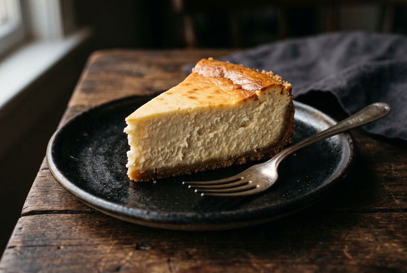 Felie de cheesecake copt cu urdă, cu textură densă și cremoasă, pe farfurie închisă la culoare