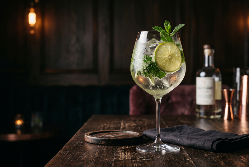 Cocktail Hugo într-un pahar mare cu gheață, mentă proaspătă și felie de lime