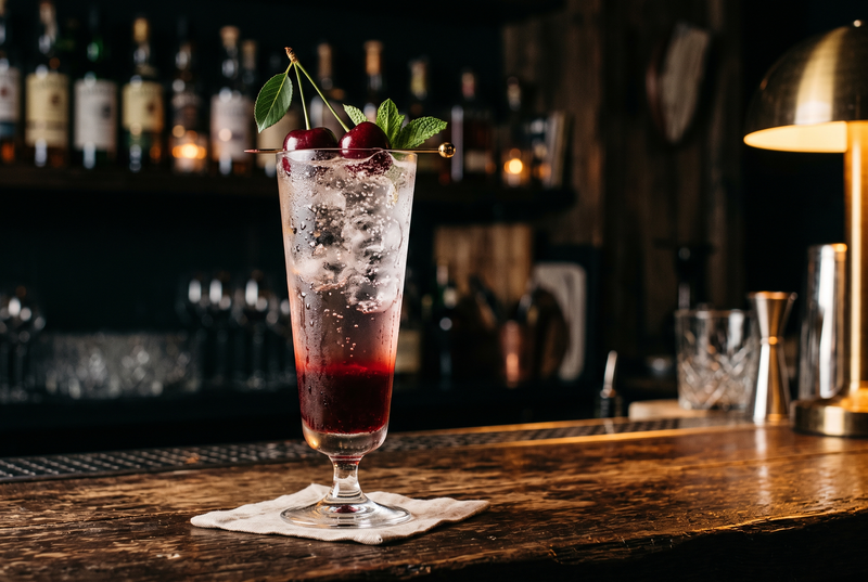 Pahar înalt cu cocktail din sirop de vișine, gheață și apă minerală, decorat cu o vișină