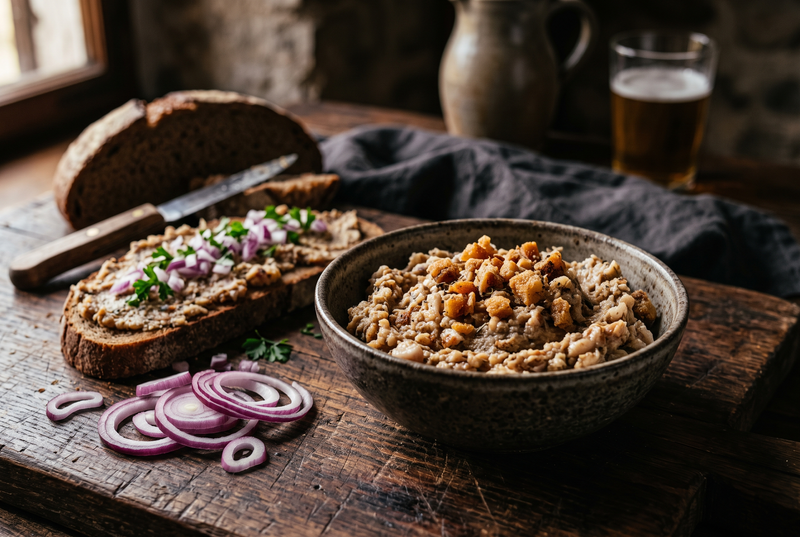 Castron rustic cu cremă de jumări și felie de pâine de casă unsă, cu ceapă alături