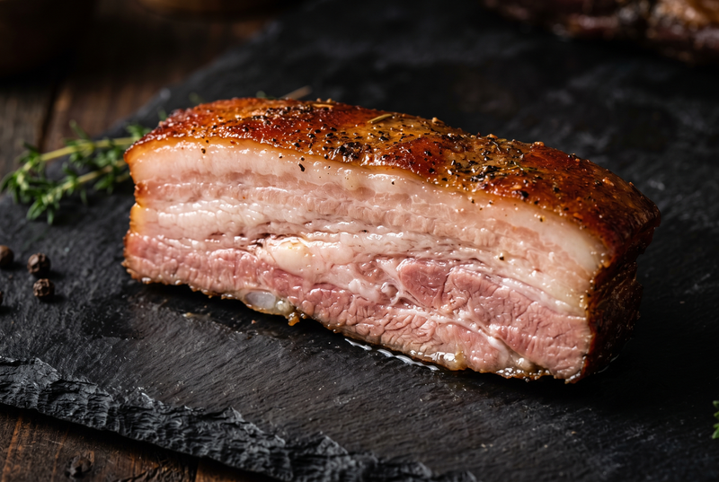Prim-plan cu felie de piept de porc afumat, cu straturile de grăsime și carne bine delimitate