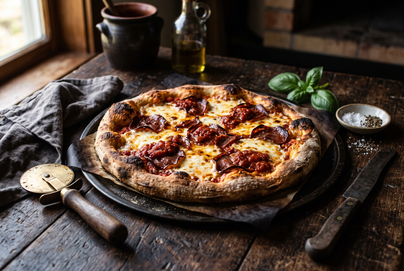 Pizza de casă cu felii subțiri de salam afumat și cașcaval topit, scoasă din cuptor