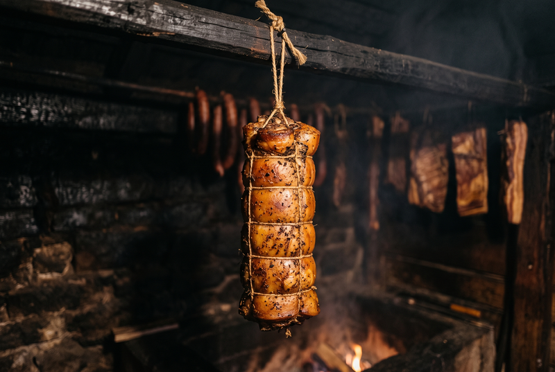 Ruladă de piept de porc legată cu sfoară, cu suprafață afumată chihlimbarie, atârnată în afumătoare