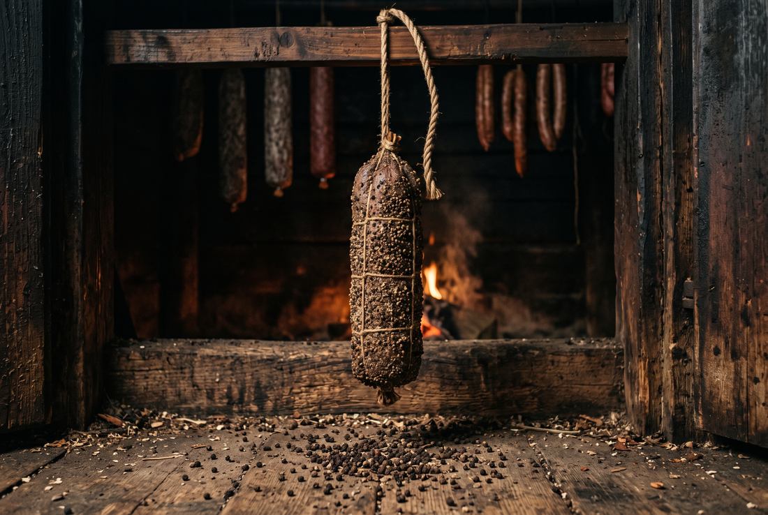 Salam de porc afumat, îmbrăcat în boabe de piper zdrobite, atârnat în afumătoare