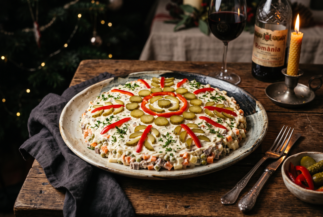 Salată de boeuf pe platou de ceramică, decorată cu felii de murături și fâșii de ardei roșu