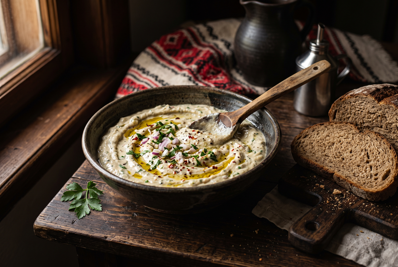 Castron rustic cu salată de vinete cremoasă, lingură de lemn și felii de pâine de casă