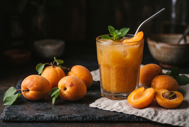 Pahar cu băutură din sirop natural de caise, tulbure și nefiltrat, lângă caise întregi