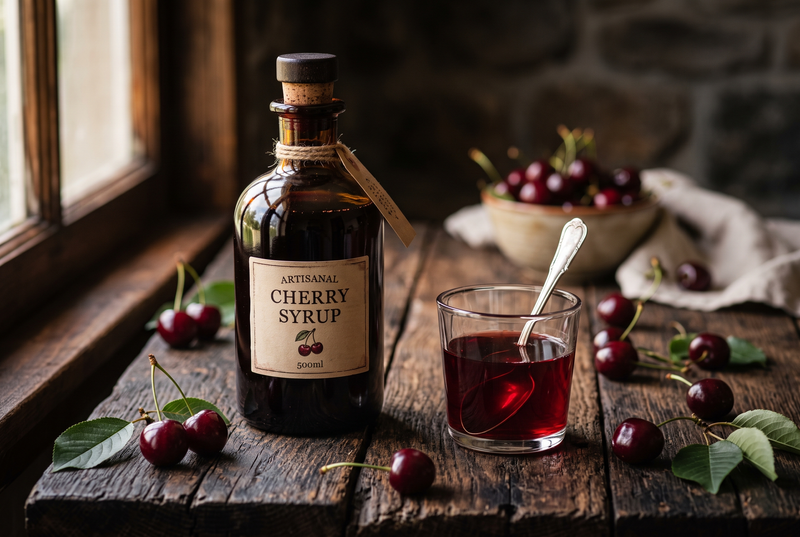 Sticlă de sirop artizanal de vișine lângă un pahar cu roșu natural intens și vișine împrăștiate