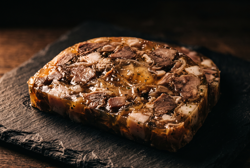 Prim-plan cu o felie de tobă, cu aspicul chihlimbariu transparent care leagă bucățile de carne