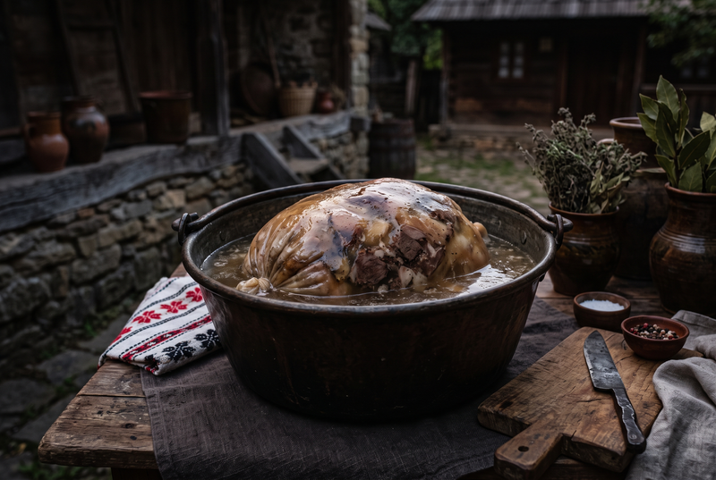 Tobă de porc în membrană naturală, lăsată la răcit în ceaun, cu aspic natural lucios