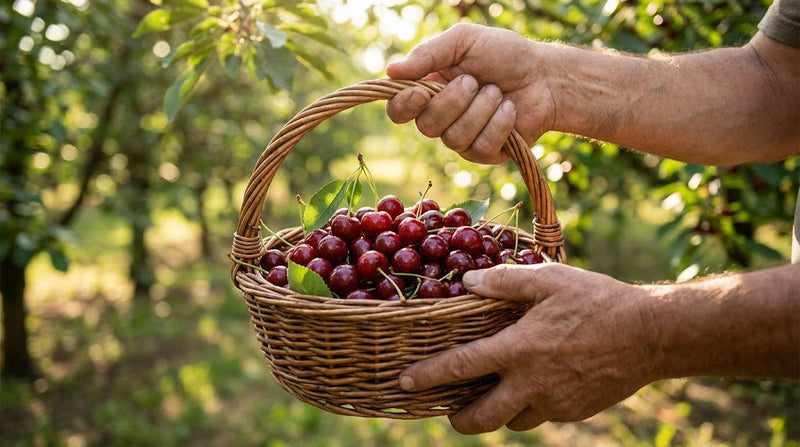 Mâini care culeg vișine proaspete într-un coș de nuiele, origine naturală