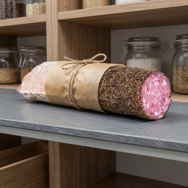 Baton masiv de salam de 1.3 kg învelit parțial în hârtie de pergament pentru frigider