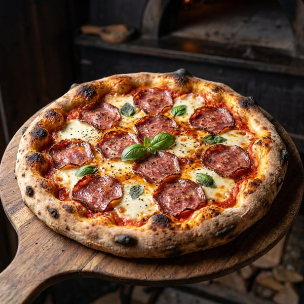 Pizza de casă picantă cu felii subțiri de salam dublu afumat cu piper