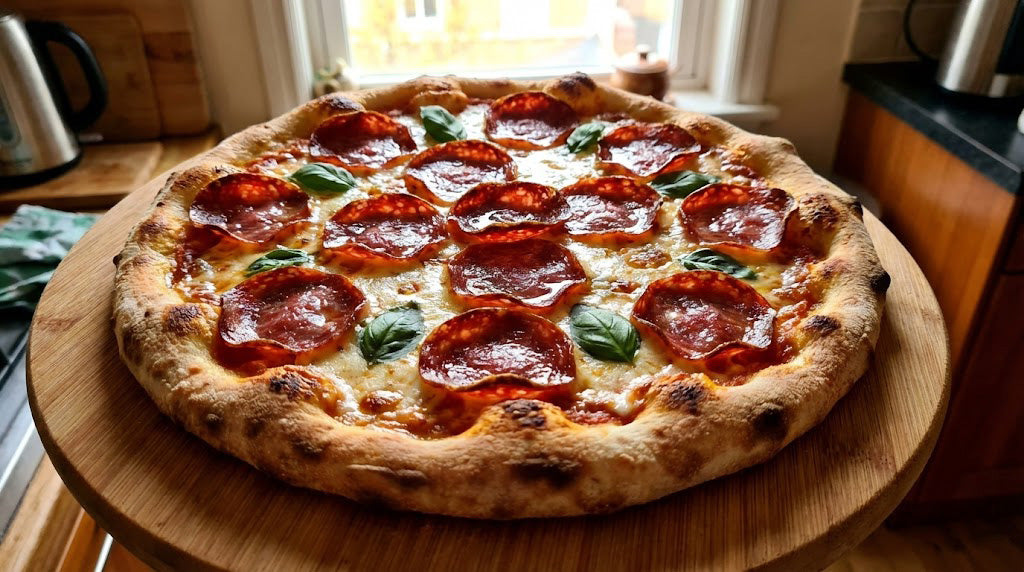 Pizza de casă cu felii subțiri de salam german crud-uscat dublu afumat — pepperoni-ul ardelenesc autentic
