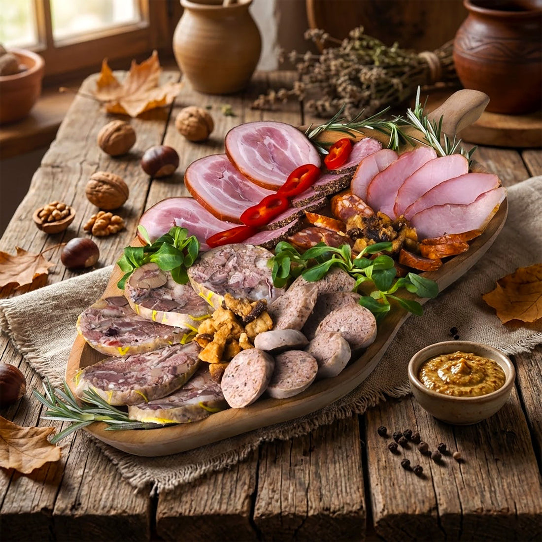 Platou artizanal cu salam german crud-uscat dublu afumat feliat, mucegai nobil alb pe înveliș, alături de pâine de casă