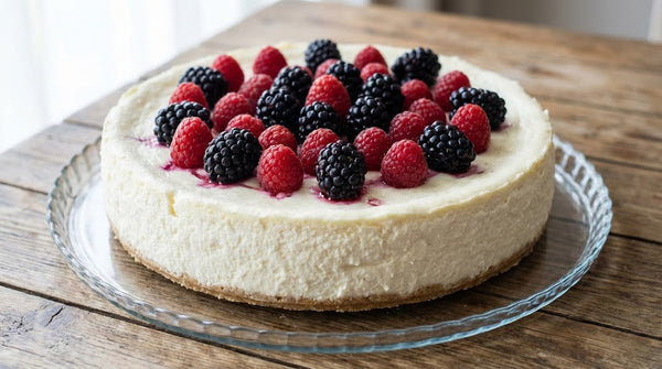 Cheesecake românesc cu urdă cremoasă HORA, fără zahăr (keto), ornat cu fructe de pădure pe platou rustic