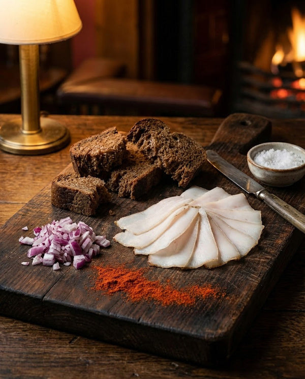 Felii extrem de subțiri de slănină afumată așezate pe un fund de lemn cu ceapă roșie