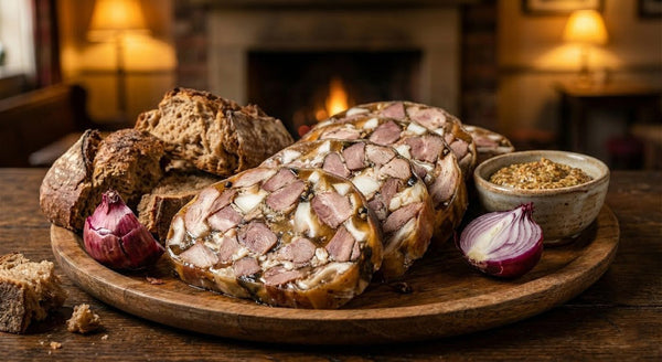 Platou tradițional cu tobă de porc feliată groasă, ceapă roșie și pâine de casă