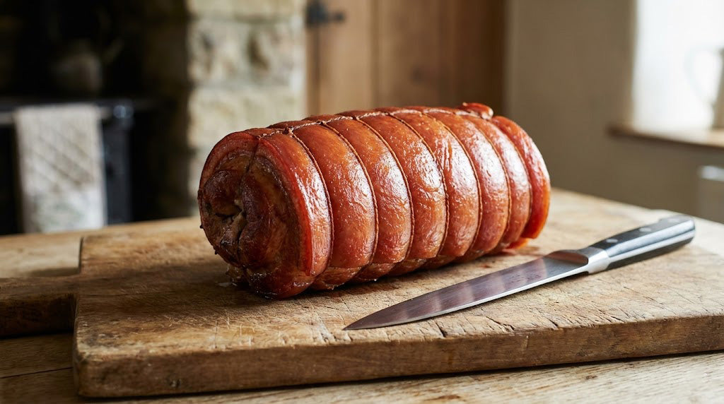 Ruladă de porc întreagă, legată, cu coaja arămie, așezată pe un blat de lemn