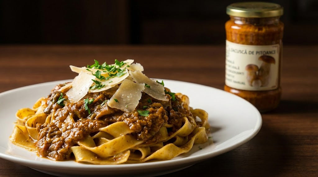 Farfurie cu tagliatelle și sos bogat de hribi (zacuscă), presărate cu parmezan și pătrunjel, alături de borcanul HORA