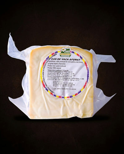 Caș afumat de vacă puțin sărat — culoare galben-aurie de la fum natural, sub 0.2% sare, 300g